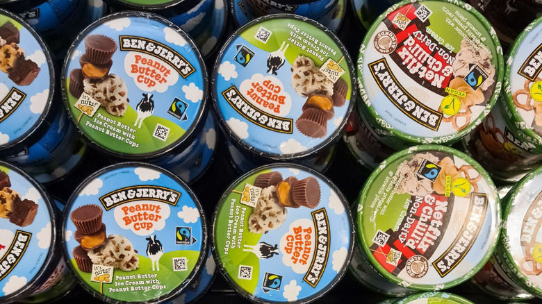 Top view of assorted pints of Ben & Jerry's ice cream