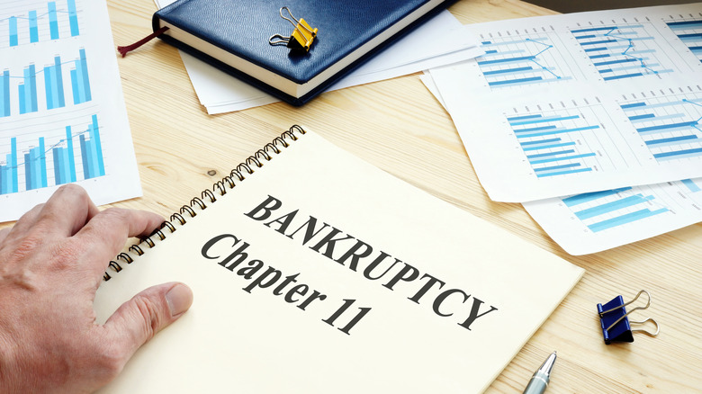 hand on top of Chapter 11 paperwork