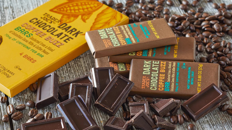 Trader Joe's Dark Chocolate Coffee Buzz Bar pieces and packaging