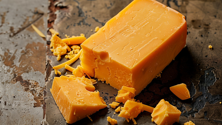 Block of orange cheddar cheese on a stone surface