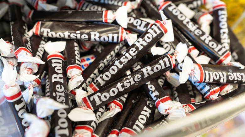 A bin of Tootsie Roll candies closeup.