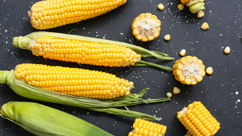 Fresh corn cobs, whole and cut, displayed on black table.