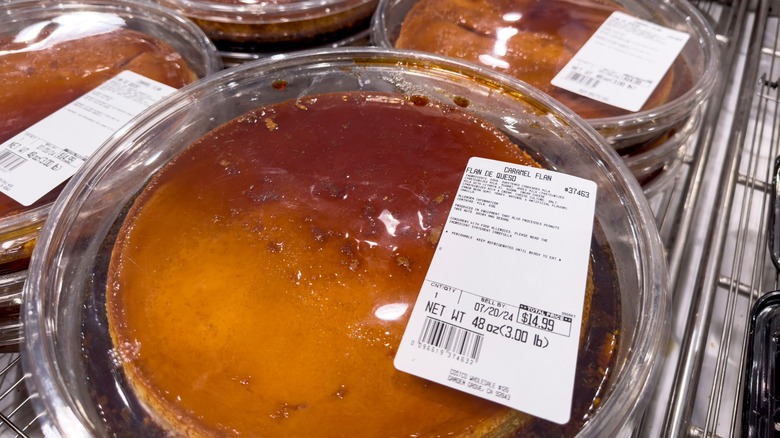 Costco flan up close on store shelf