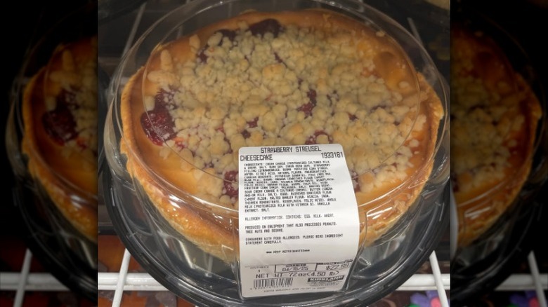 Costco's strawberry streusel cheesecake on display.