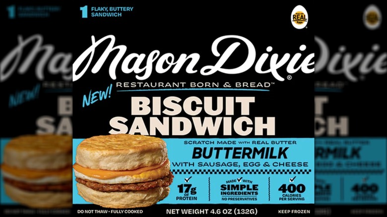 A black and blue box of the Mason Dixie Buttermilk Biscuit Sandwich that's available to purchase at Costco