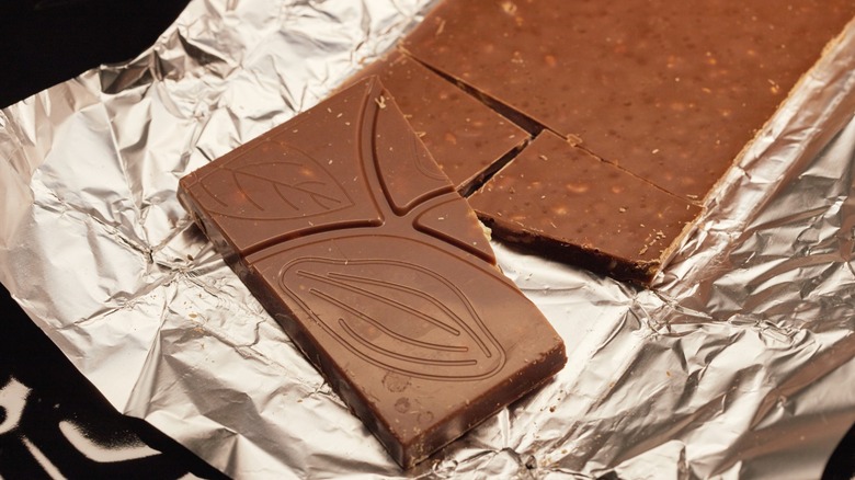 Close-up of a chocolate bar with nuts in it.