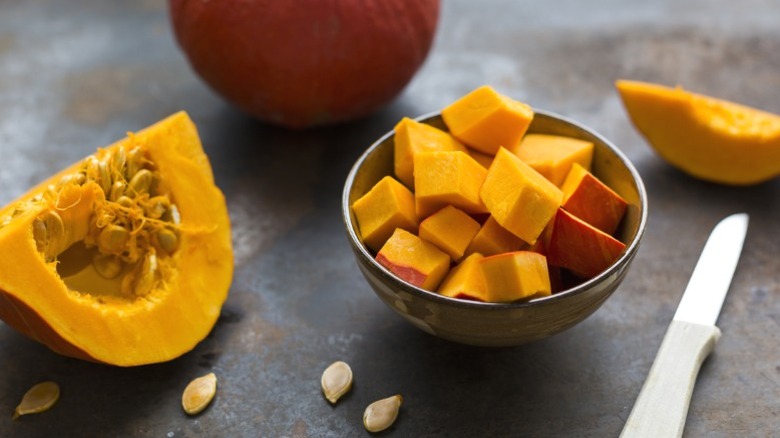 Chopped-up pumpkin for use in cooking.