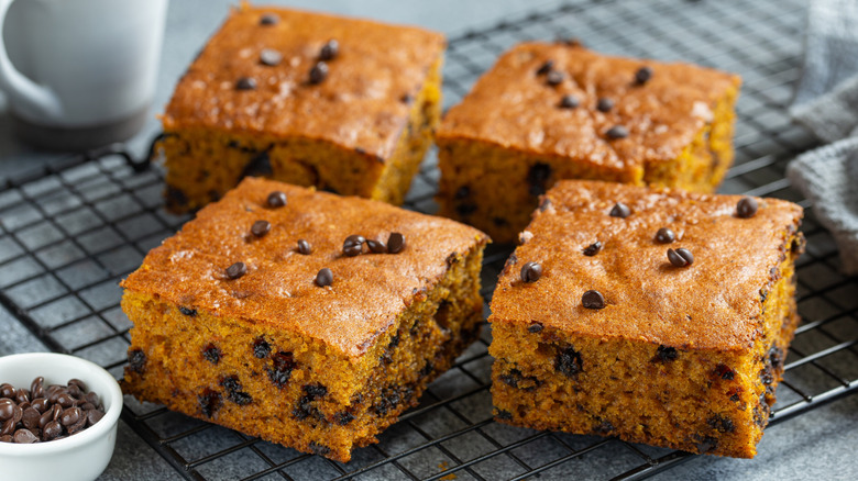Four square pieces of pumpkin chocolate chip cake with chocolate chips in a small cup beside them