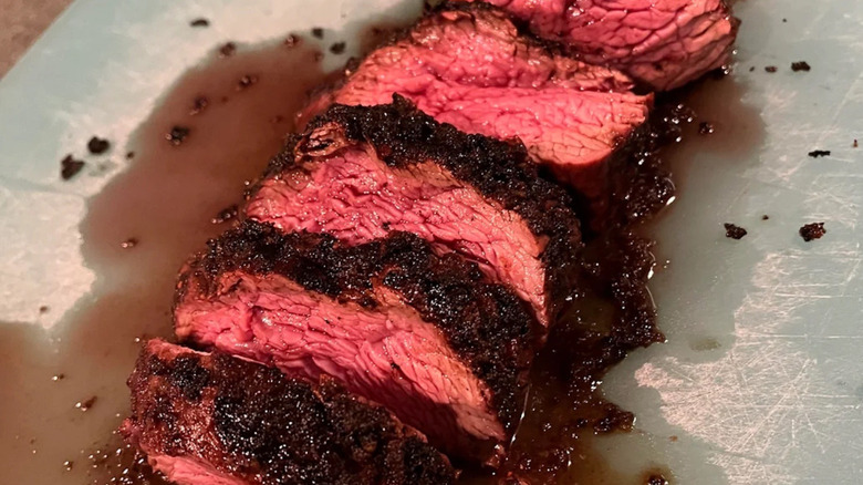 Close-up of char grilled and sliced mock tender