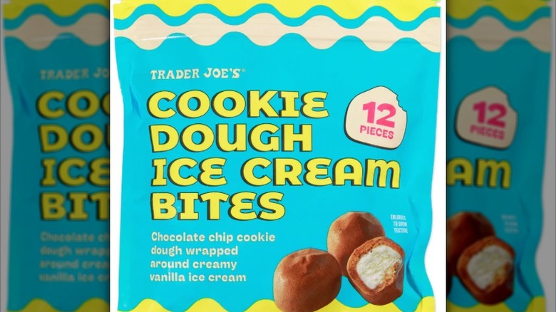 A bag of Trader Joe's Cookie Dough Ice Cream Bites on a white background.