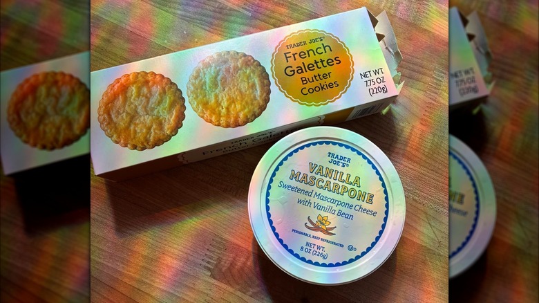 Box of Trader Joe's French Galette Butter Cookies and tub of Trader Joe's Vanilla Marscapone