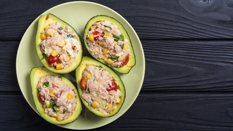 Top view of avocados stuff with tuna salad