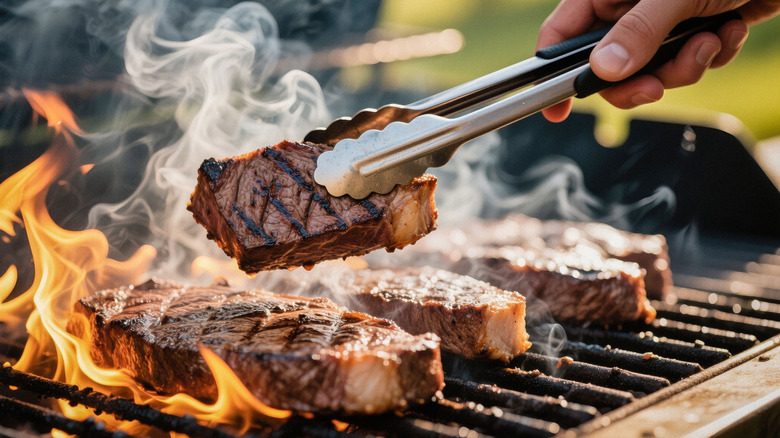 A person grilling steak on a flaming hot grill