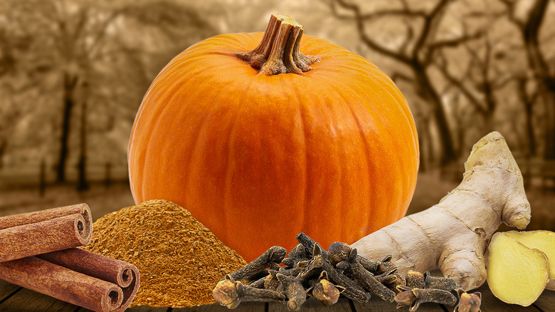 An orange pumpkin with fall spices and seasonings