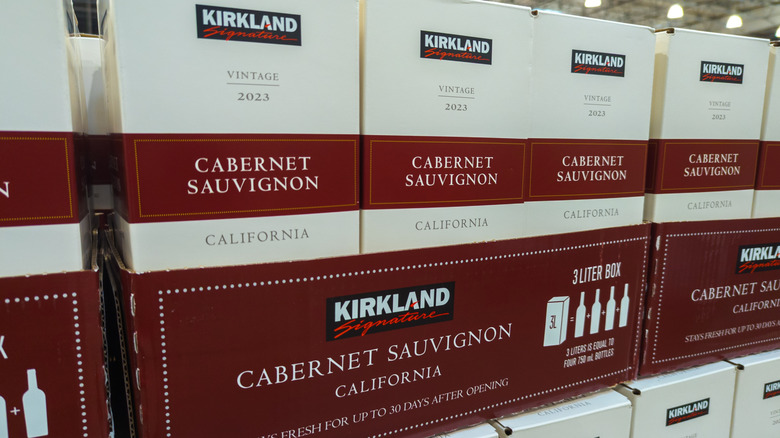 Kirkland Signature Cabernet Sauvignon boxed wine sitting on the shelf at Costco.