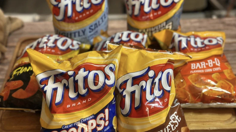 Fritos chips being displayed on kitchen counter.