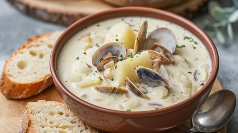 A bowl of New England clam chowder served with sliced bread on the side
