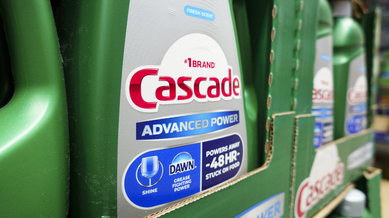 Bottles of Cascade dishwasher detergent on the shelf at Costco
