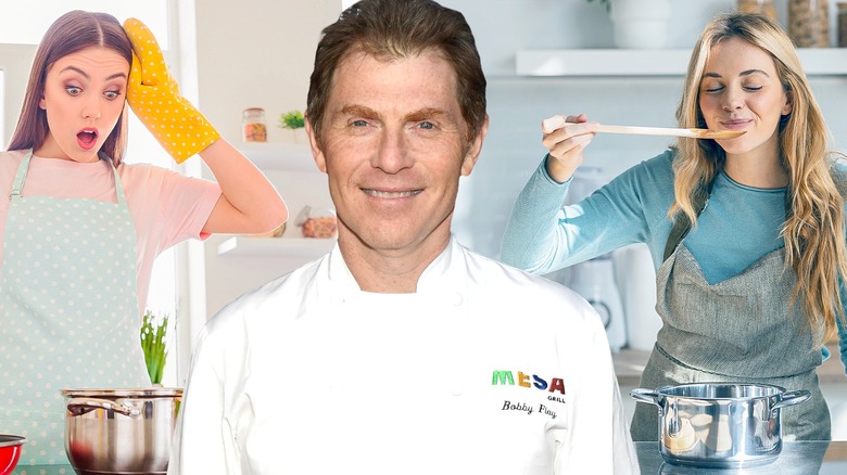 Chef Bobby Flay stands between two home cooks