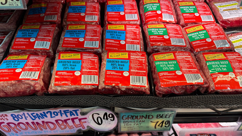 A shelf of ground beef at Trader Joe's.