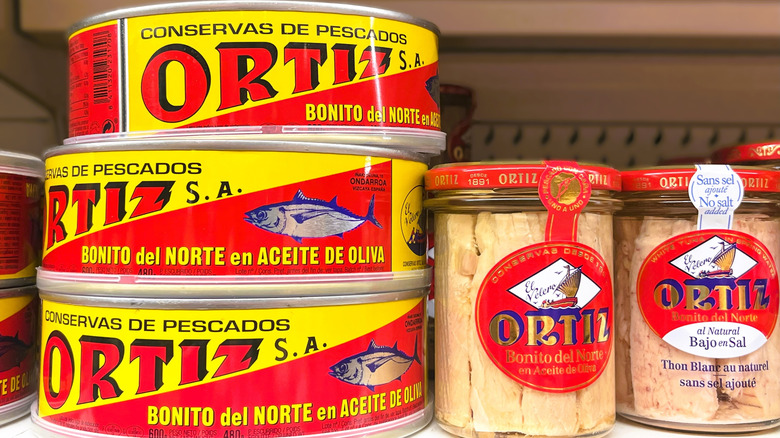 Tins and jars of Ortiz tuna packed in oil