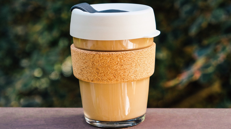 Latte in reusable glass cup