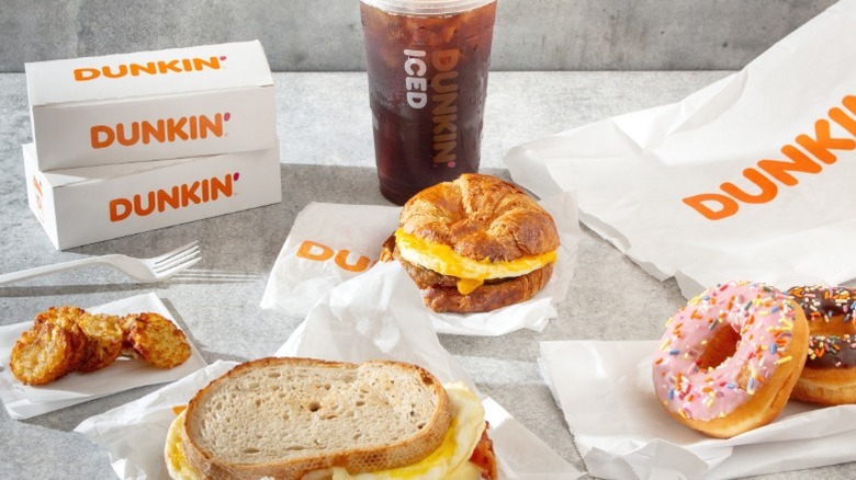 An assortment of food and drink from Dunkin'.