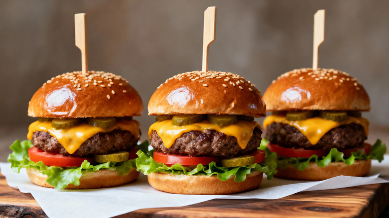 Three perfect burgers with beef, cheese, and pickles on a wood board.