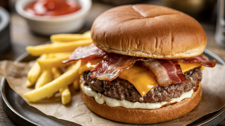 A bacon cheeseburger with what looks like mayo on it next to fries and ketchup on a round serving platter.