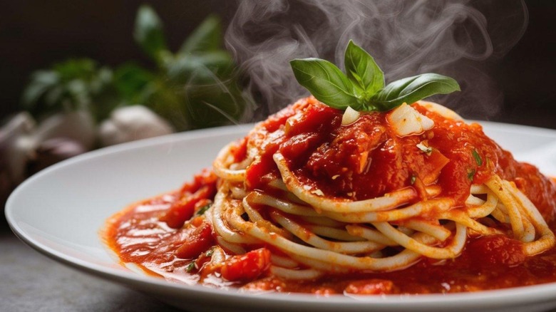 Pasta covered with tomato sauce on a plate with herbs in the background.