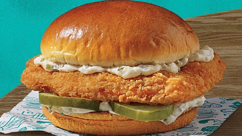 Close up of Popeyes flounder fish sandwich