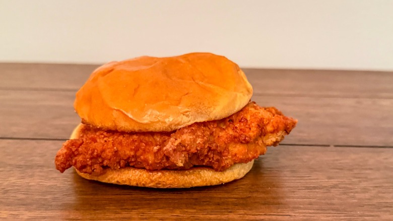 Chick-fil-A chicken sandwich on wood table