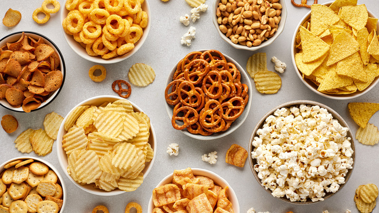 Bowls of assorted salty snacks