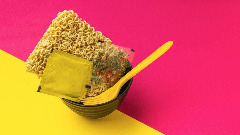 uncooked instant ramen block in bowl