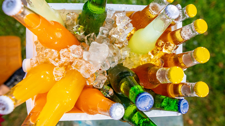 Top view of glass drink bottles in a cooler with ice on green grass