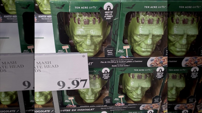 A stack of the  Frankenstein Monster Mash Chocolate Head being sold at Costco.