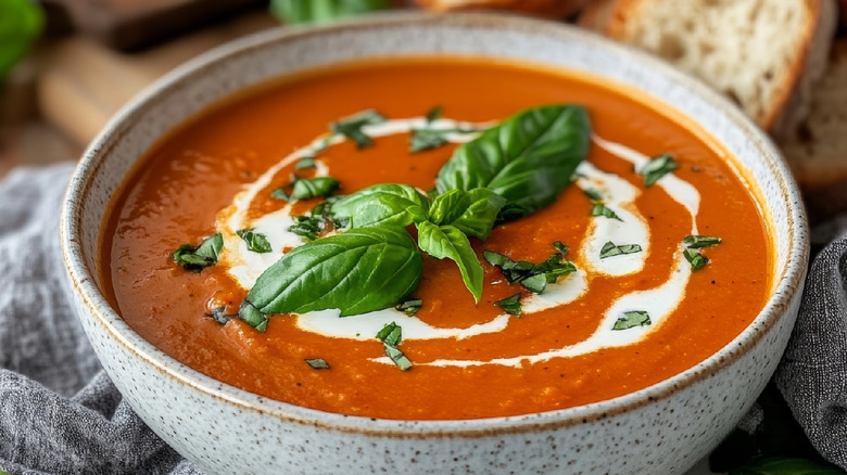 A bowl of tomato soup garnished with cream and fresh basil