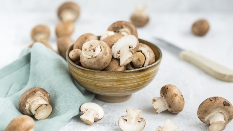 Mushrooms in a wooden bowl.