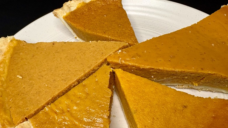 Five sliced pieces of pumpkin pie on a white plate.