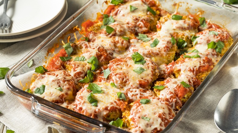 Eggplant parmesan in glass baking dish