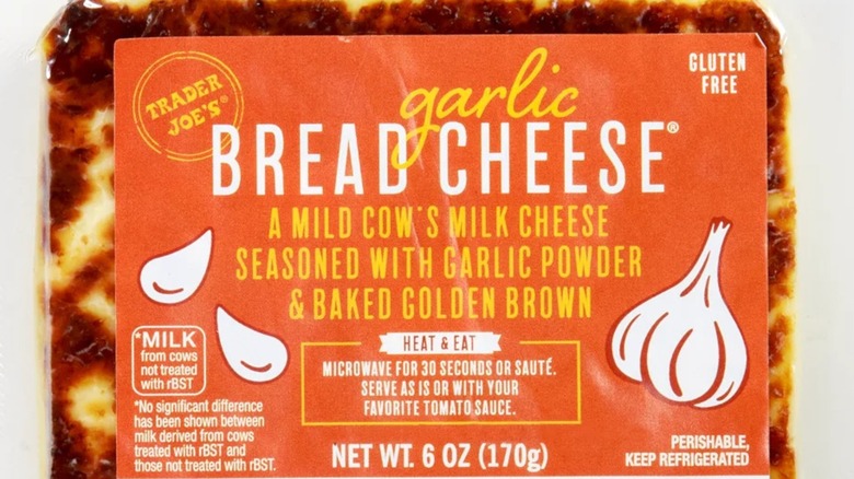 Trader Joe's Garlic Bread Cheese package closeup on a white background.
