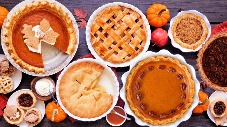 Top view of assorted fall pies alongside apples and mini pumpkins