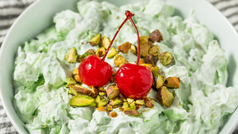 Bowl of Watergate salad with cherries