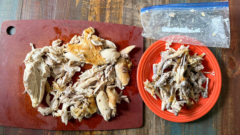 A full rotisserie chicken, after being shredded using the debone chicken hack