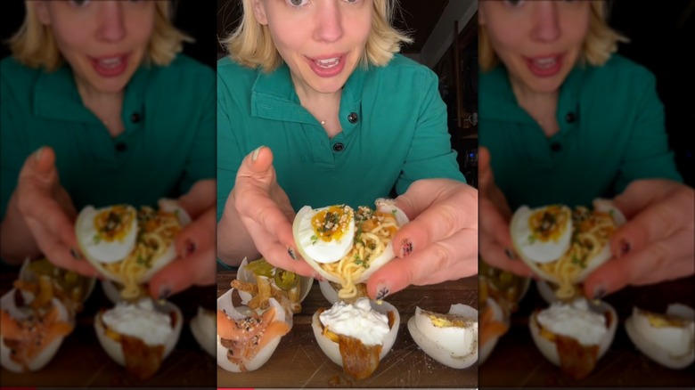 Courtney Cook Bales shows off a raw onion cup filled with ramen and a soft-boiled egg