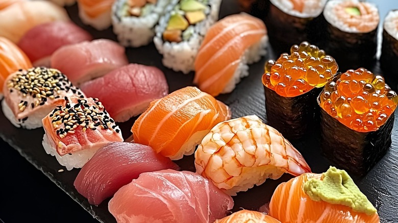 sushi displayed on a bar