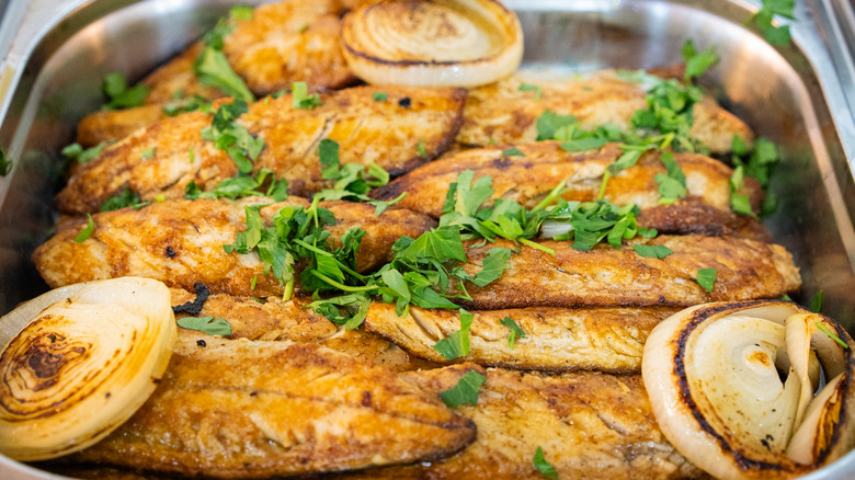 A pan of grilled mackerel