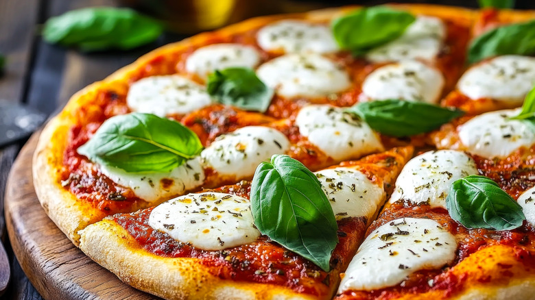 A homemade margherita pizza with basil and mozzarella sitting on a cutting board.