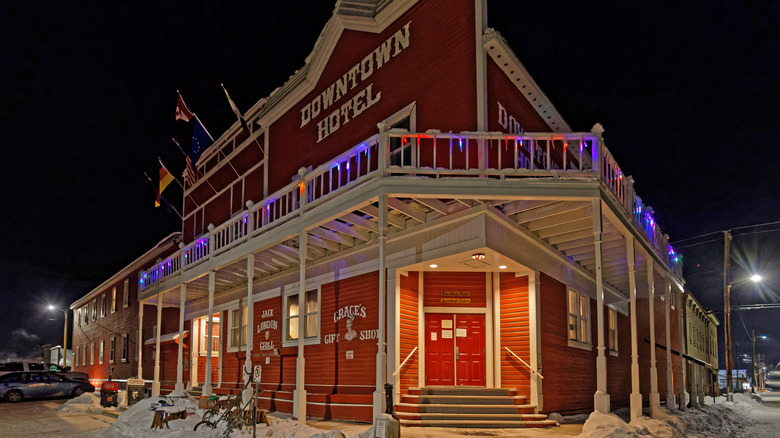 An exterior shot of the Downtown Hotel in Dawson City, Yukon
