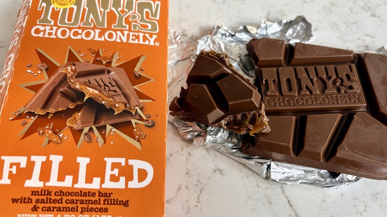 Tony's Chocolonely new filled gooey caramel sea salt crunch chocolate bar